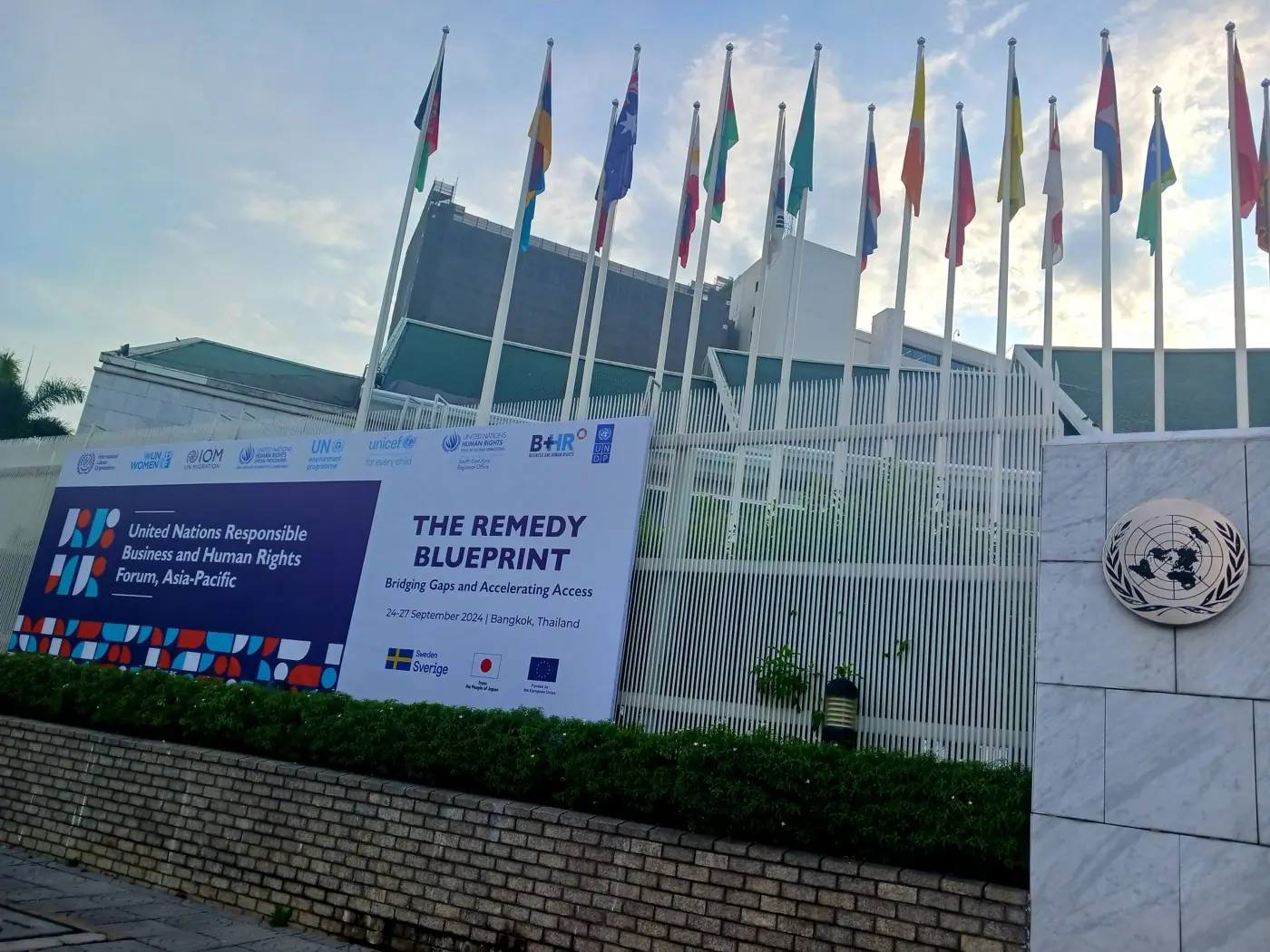 The venue of the UN Responsible Business and Human Rights Forum, Asia-Pacific 2024, Bangkok, with national flags
