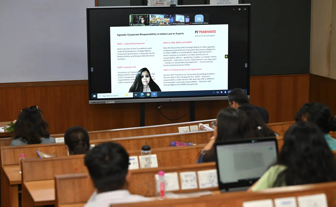 Anumita Sarkar presenting online to students at the Institute of Law, Nirma University, on Corporate Responsibility in Indian Law